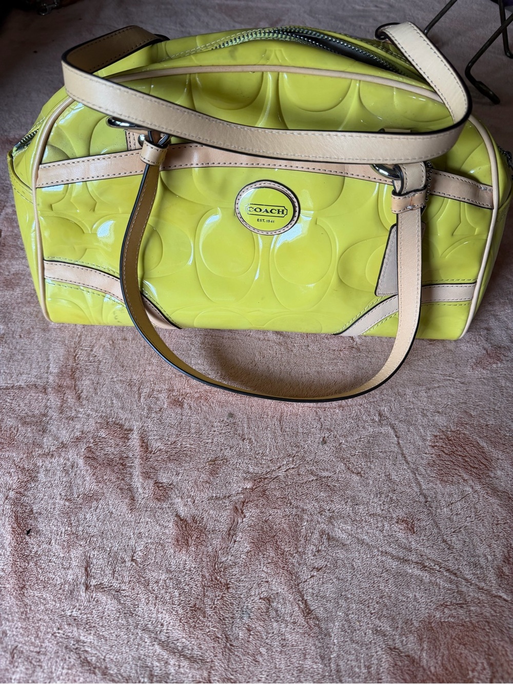 Coach Neon Yellow Patent Satchel with Beige Trim